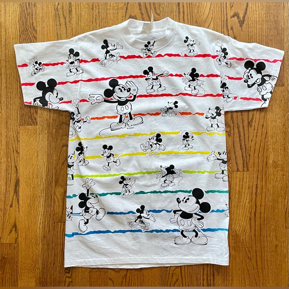 Vintage Oversized Disney Mickey Mouse Graphic Tee Black White Rainbow OSFM